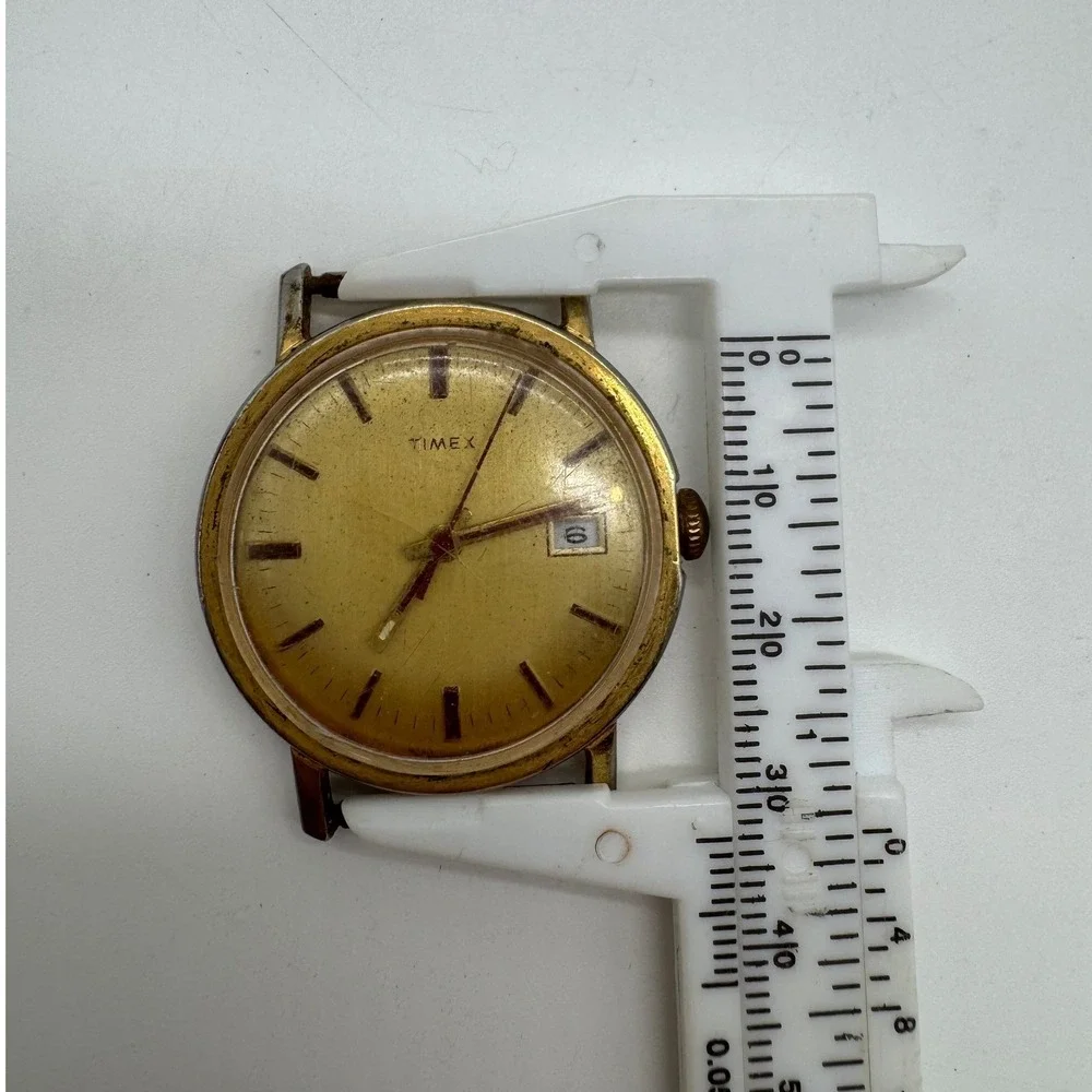 Vintage Timex Gold Tone Date Watch Head Parts Repair Pulsar Back Y147-6009 34mm